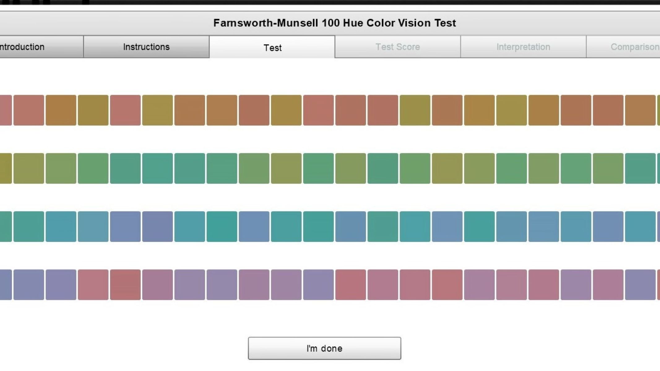 Farnsworth-Munsell 100 Hue yêu cầu người được kiểm tra sẽ sắp xếp các đĩa màu theo trật tự chuyển màu liên tục từ nhạt đến đậm