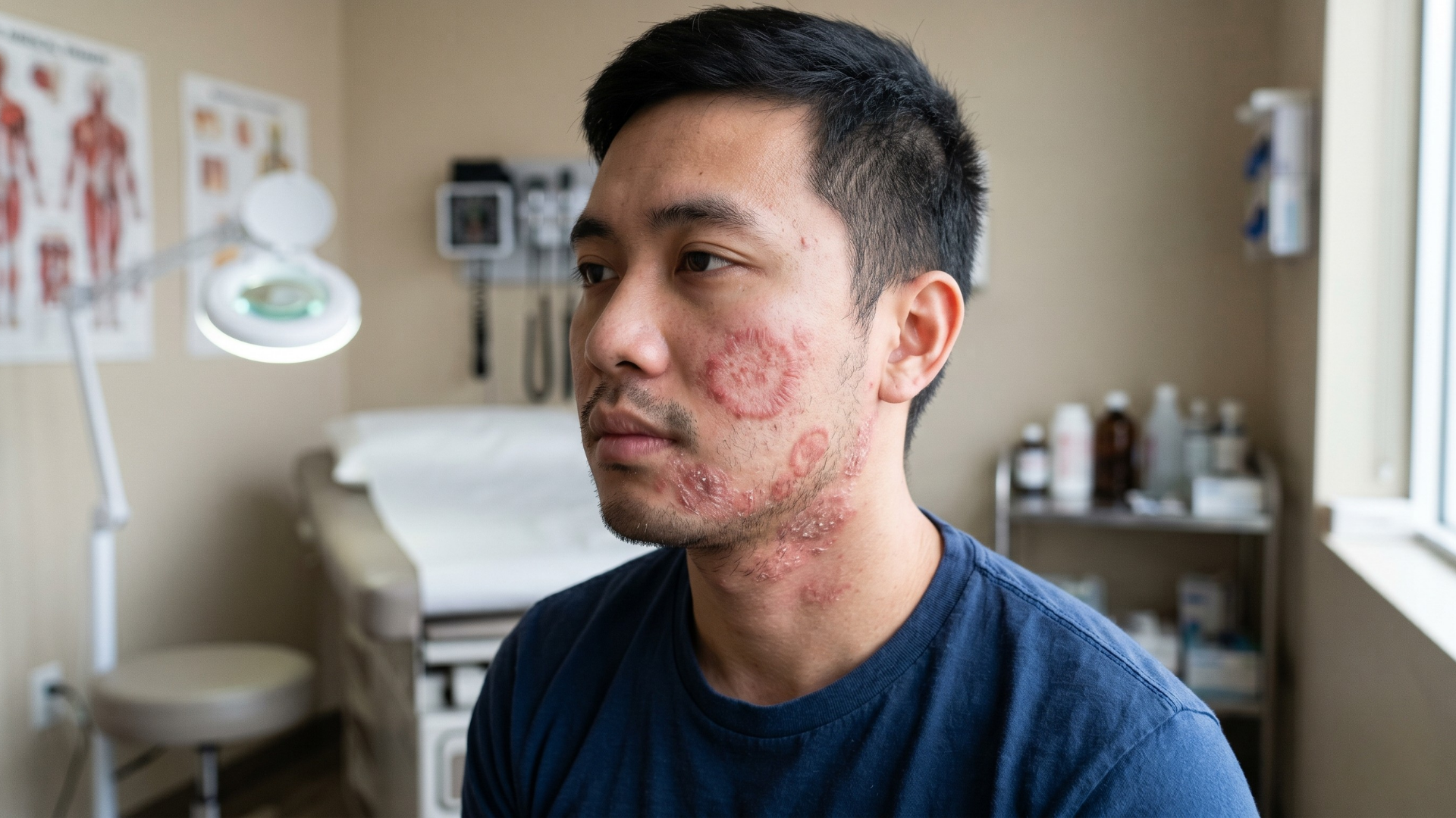 Hình ảnh bệnh nấm da mặt với vòng tròn đỏ có viền rõ rệt