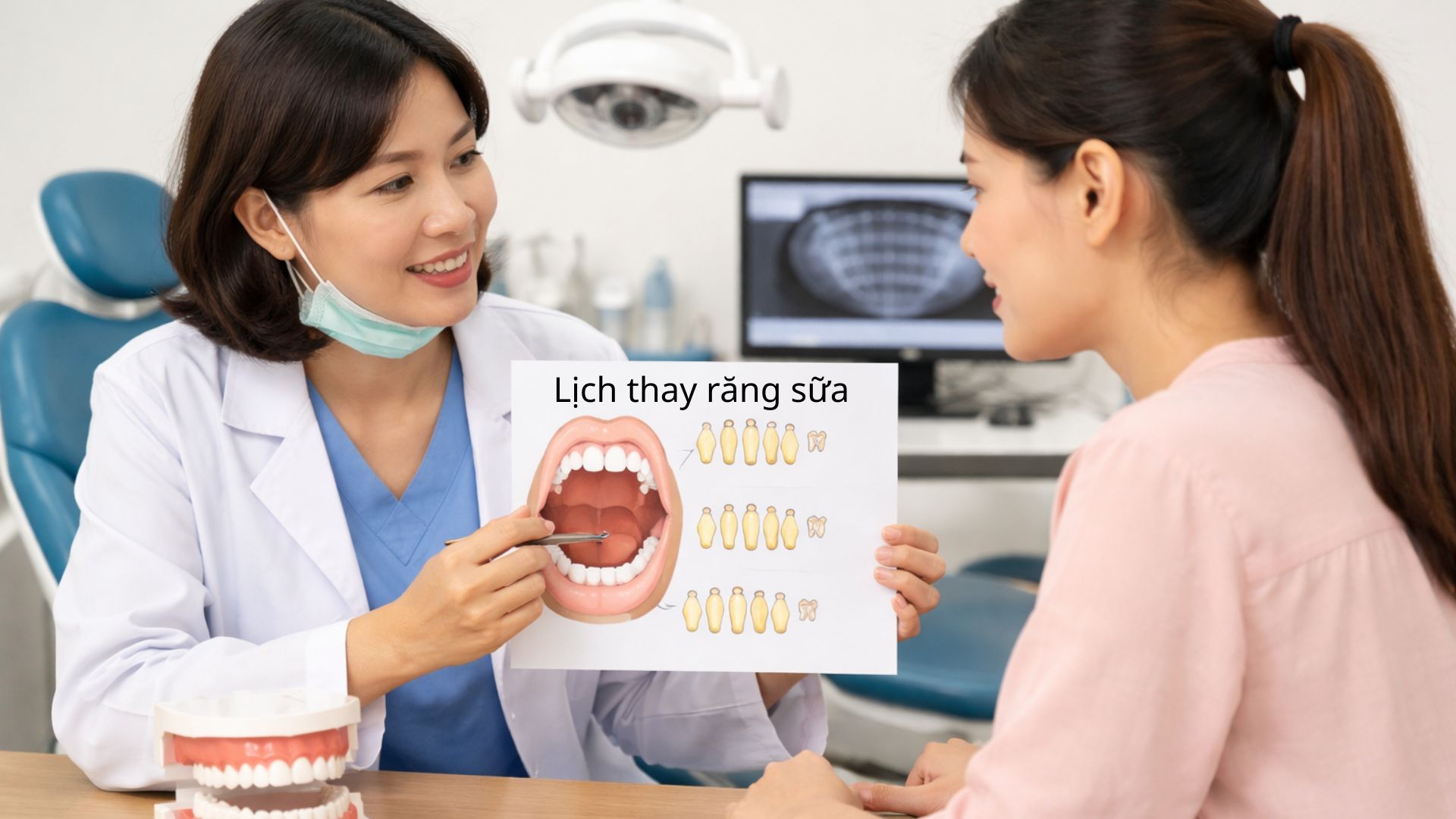 Nha sĩ tư vấn cho mẹ về lịch thay răng sữa của trẻ