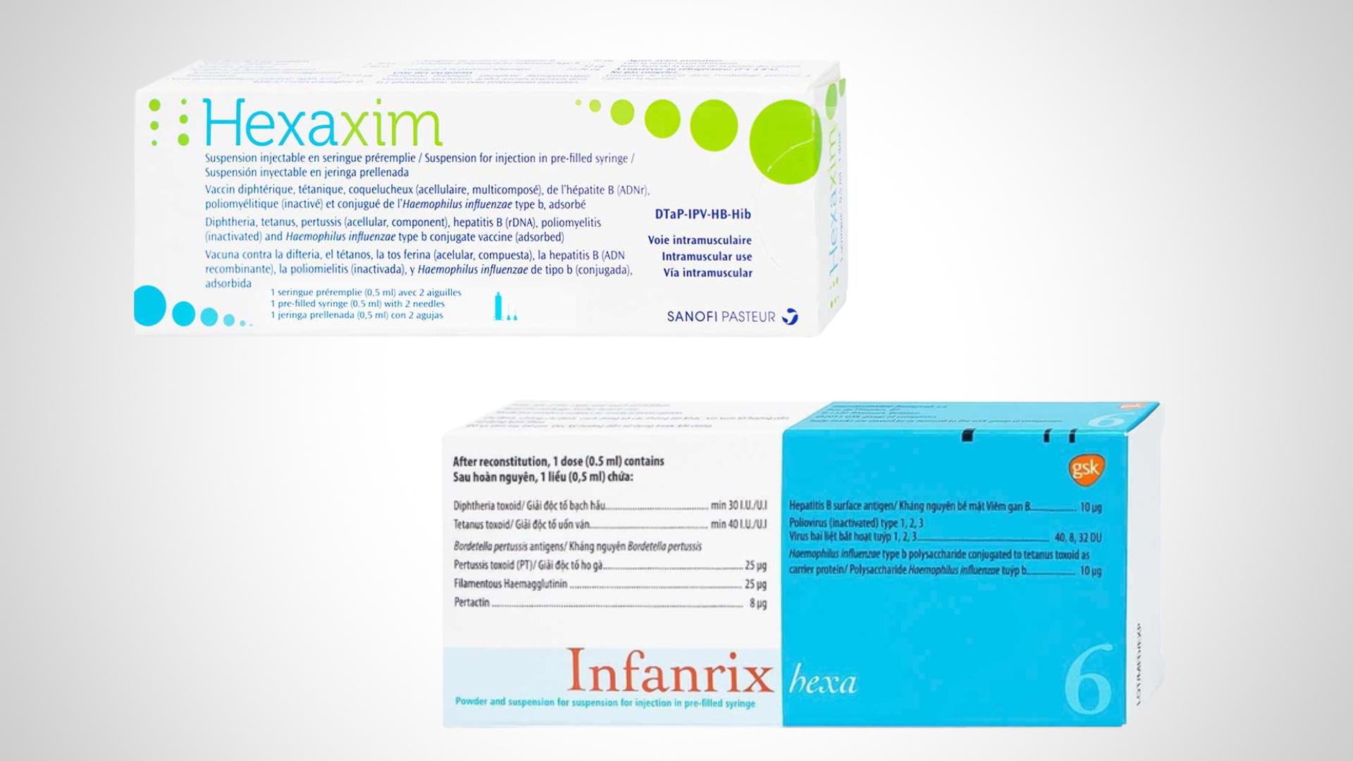 Long Châu cung cấp các loại vắc xin 6 trong 1 phổ biến như Hexaxim (Pháp) và Infanrix Hexa (Bỉ)