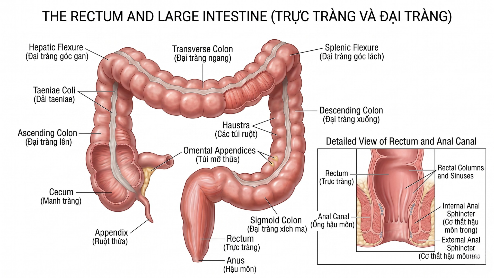 Trực tràng và đại tràng là hai phần của ruột già trong cơ thể