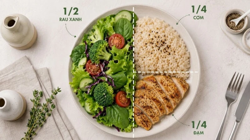Kết hợp cơm với rau xanh và protein nạc giúp bữa ăn cân đối hơn