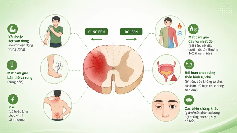 Biểu hiện lâm sàng của hội chứng Brown-Séquard phụ thuộc vào vị trí, mức độ và nguyên nhân gây tổn thương tủy sống