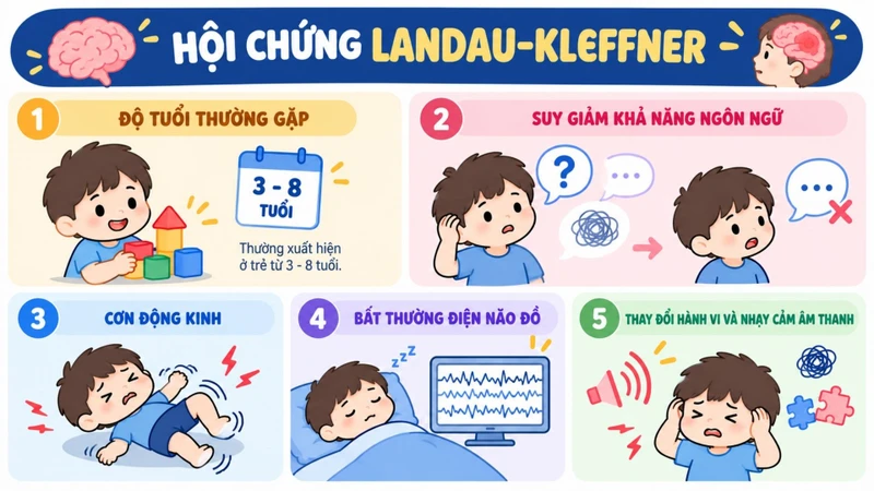 Biểu hiện của hội chứng Landau-Kleffner chủ yếu liên quan đến khả năng ngôn ngữ, cơn động kinh, bất thường điện não đồ và những thay đổi về hành vi
