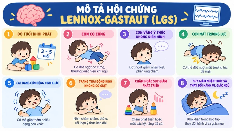 Biểu hiện của hội chứng Lennox-Gastaut khá đa dạng và có thể thay đổi theo thời gian