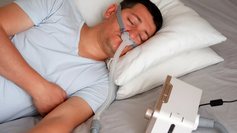 Máy thở CPAP đưa dòng khí qua ống dẫn và mặt nạ để duy trì đường thở thông thoáng