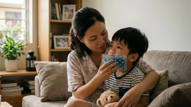 Chườm lạnh tại chỗ khi máu đã cầm giúp giảm đau cho trẻ khi bị đứt thắng môi trên