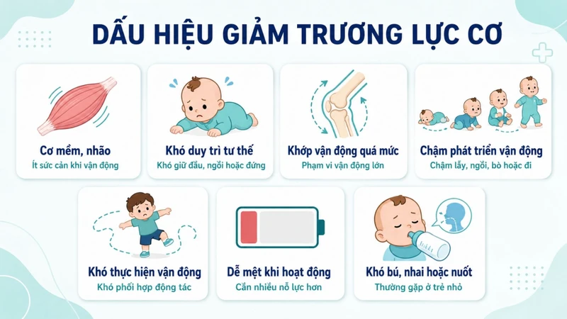 Các biểu hiện của giảm trương lực cơ có thể khác nhau tùy theo độ tuổi, mức độ và nguyên nhân