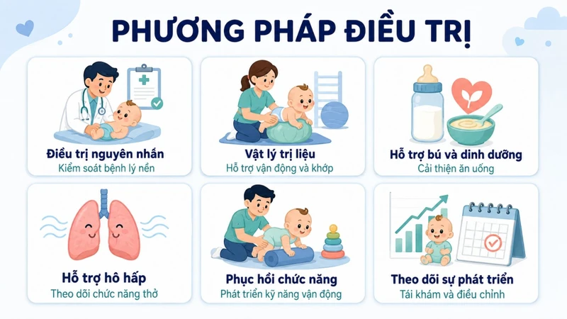 Điều trị giảm trương lực cơ ở trẻ sơ sinh cần dựa trên nguyên nhân, mức độ yếu cơ và các chức năng bị ảnh hưởng