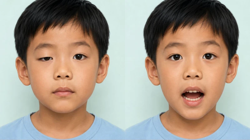 Mi sụp nâng lên rõ khi trẻ há miệng hoặc nhai