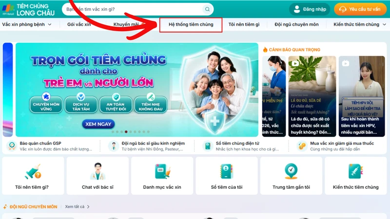 Giao diện trang Hệ thống trung tâm trên website Tiêm chủng Long Châu