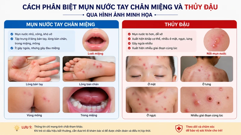 Cách phân biệt mụn nước tay chân miệng và thủy đậu qua hình ảnh minh họa rõ ràng