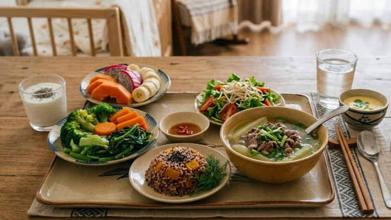 Mẹ nên ưu tiên thực phẩm giàu protein, ngũ cốc nguyên hạt và rau xanh