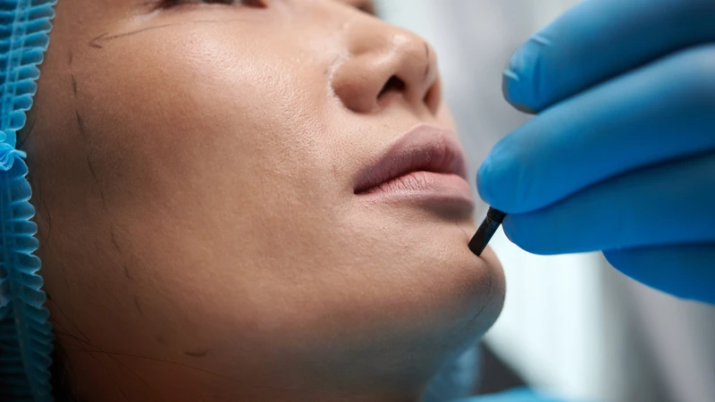 Bác sĩ đo vẽ trước phẫu thuật để xác định vị trí cắt xương và mức độ dịch chuyển cằm
