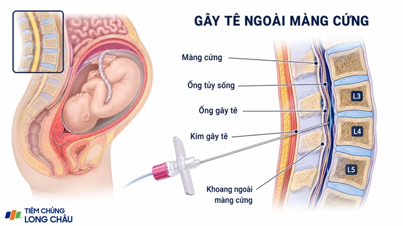 Sơ đồ minh họa vị trí đặt catheter trong khoang ngoài màng cứng