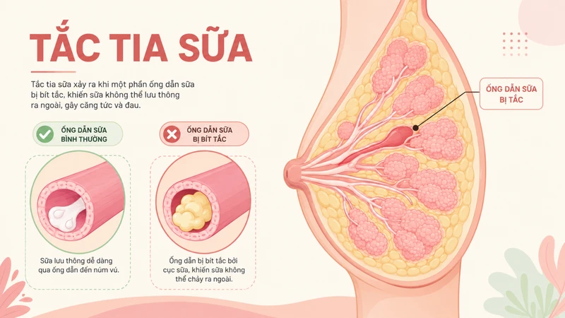 Tắc tia sữa thường gây đau, căng tức và xuất hiện vùng cứng ở bầu ngực