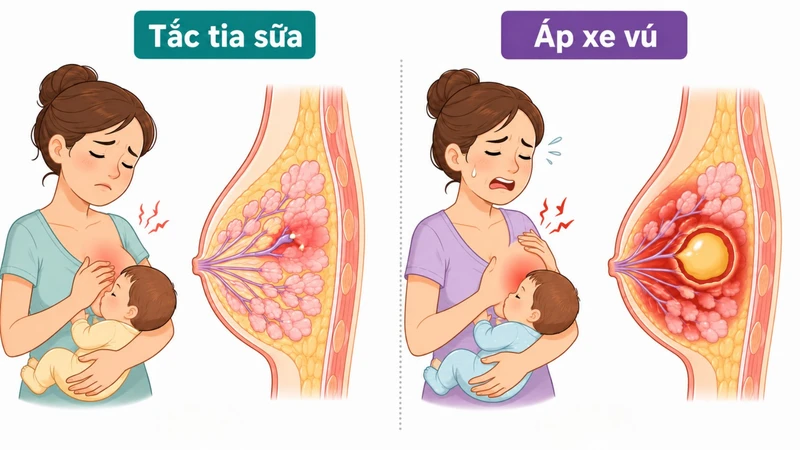 Tắc tia sữa và áp xe vú khác nhau về mức độ viêm và sự xuất hiện ổ mủ