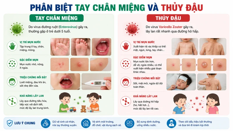 Mụn nước tay chân miệng tập trung ở tay chân miệng còn thủy đậu lan khắp cơ thể